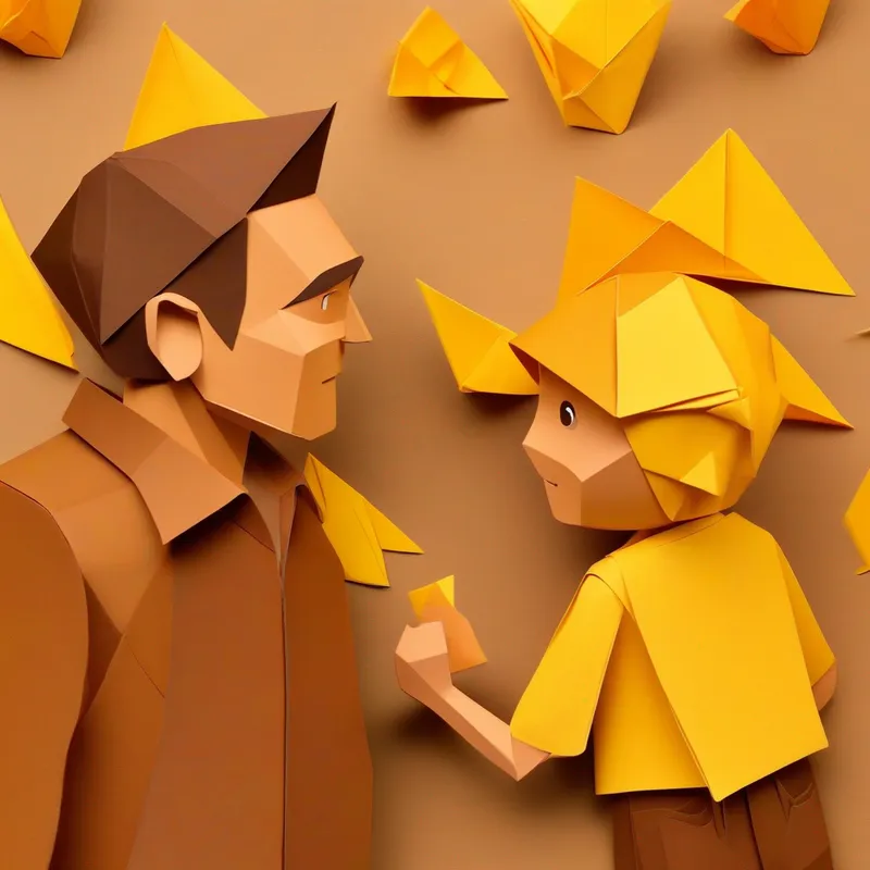 Young boy with good listening skills. Colors: brown, yellow. with good listening skills talking to old folks. Colors: brown, yellow.