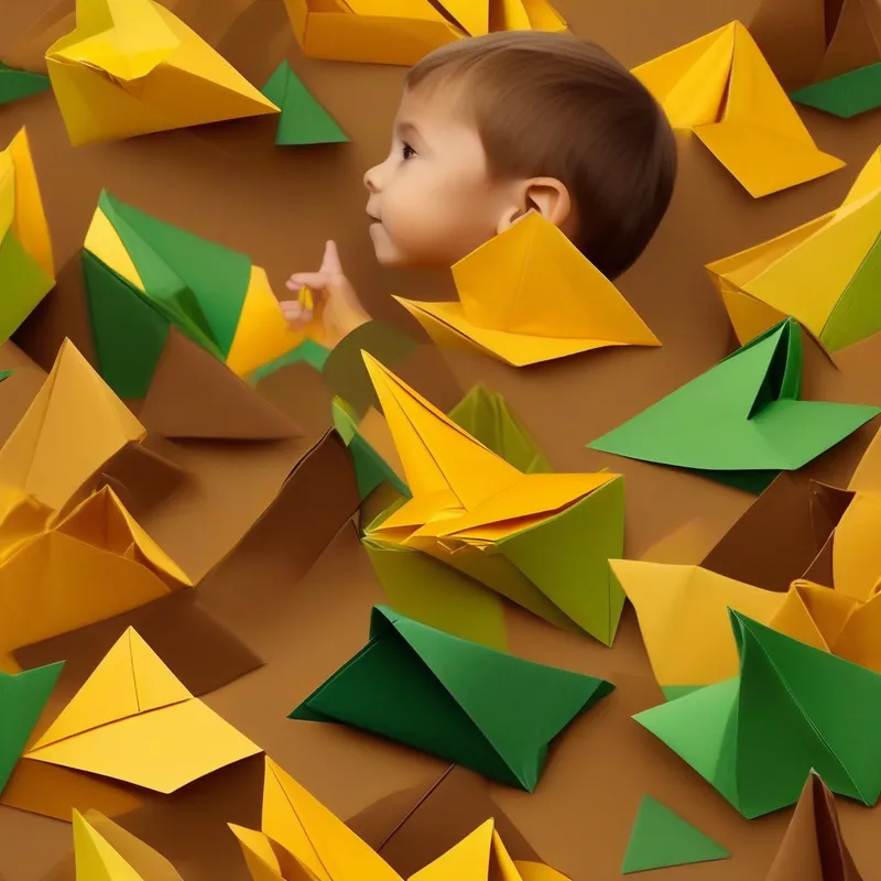Young boy with good listening skills. Colors: brown, yellow. discovering the hidden treasure. Colors: gold, green.