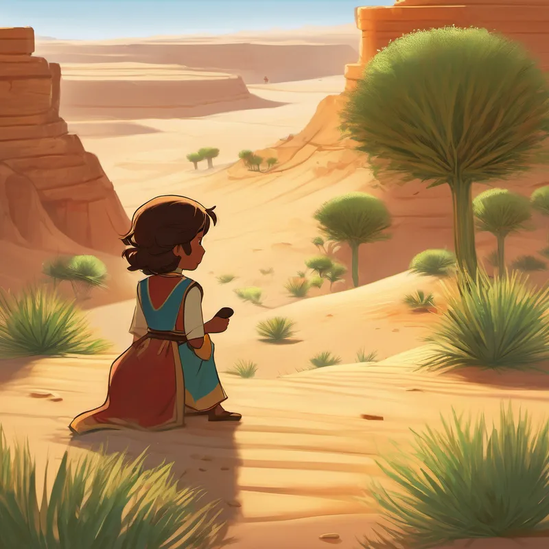 And so, Leo patiently guided Florette through the desert, showing her the secret watering holes and the rare glimpse of morning dew. Together, they defied the scorching sun and the chilling nights, searching for just the right spot where Florette's roots could take hold and thrive. Finally, after a long and arduous journey, they discovered a hidden oasis nestled between towering sand dunes. Florette's heart leaped with joy as she sensed the nourishment the oasis could offer. With the blessing of the oasis, Florette's seedling tentatively pushed through the dry earth.