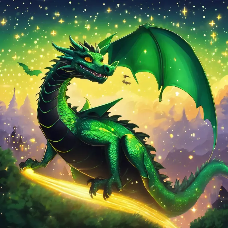 Darcy, the green dragon with black sunglasses, flying in the sky leaving a trail of sparkles.