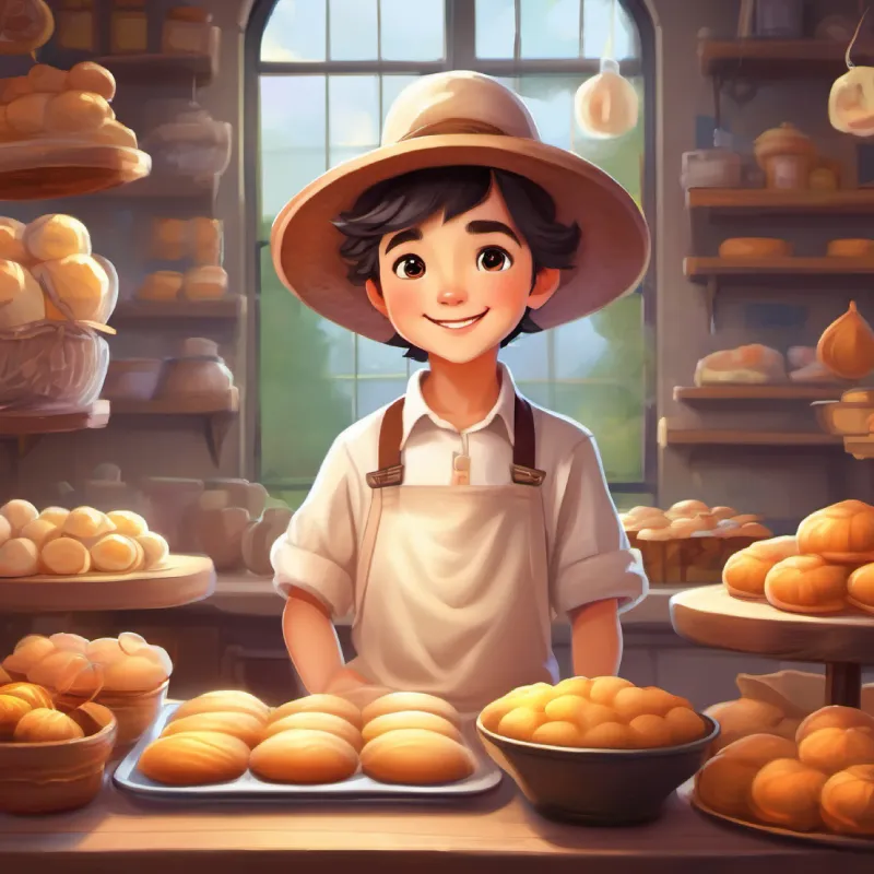 Introduction, Sweet Dreams Bakery, White fluffy hair, big hat, twinkling eyes, always smiling and Young boy, bright eyes, wears large apron, eager to learn.