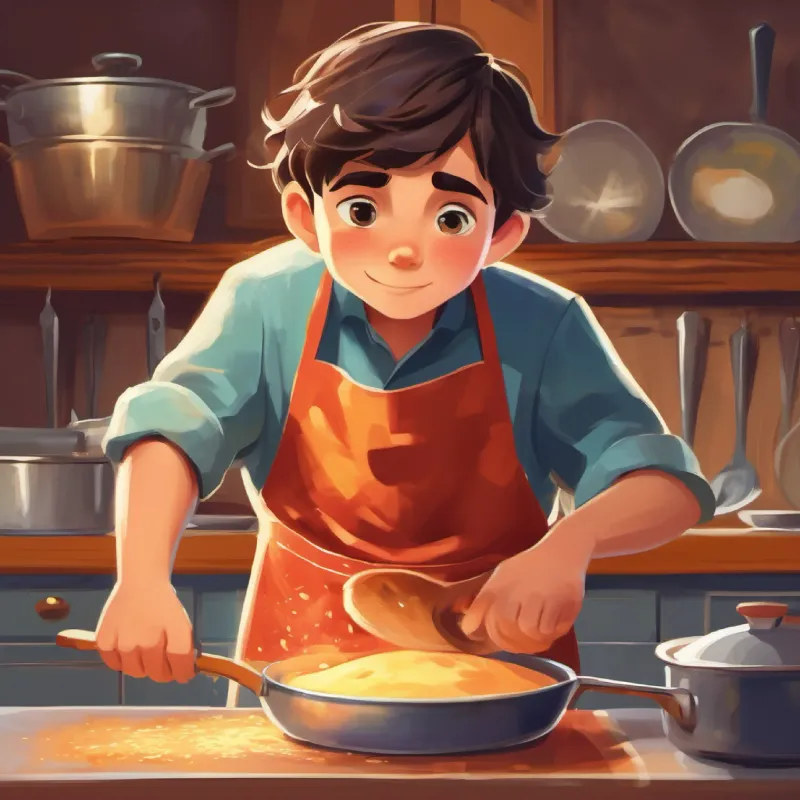 Young boy, bright eyes, wears large apron, eager to learn's background, nervous about baking, Chef's encouraging words.