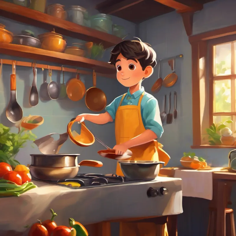 Kitchen utensils come to life, introducing themselves to Young boy, bright eyes, wears large apron, eager to learn, offering help.