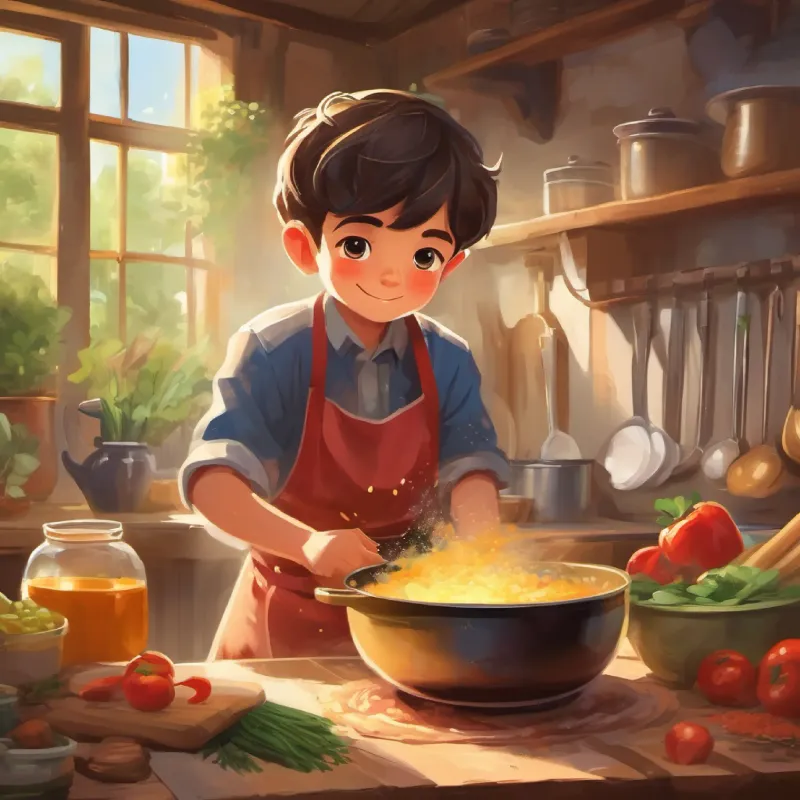 Mixing ingredients, Young boy, bright eyes, wears large apron, eager to learn learning the joy of cooking.