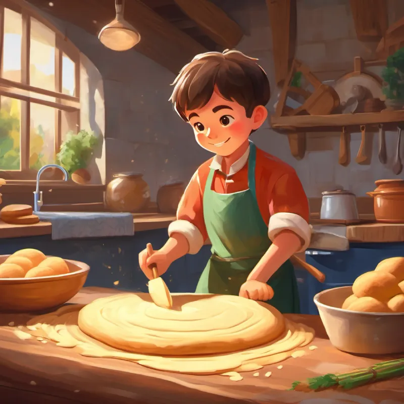 Rolling dough, interaction with the rolling pin, Young boy, bright eyes, wears large apron, eager to learn mastering the crust.
