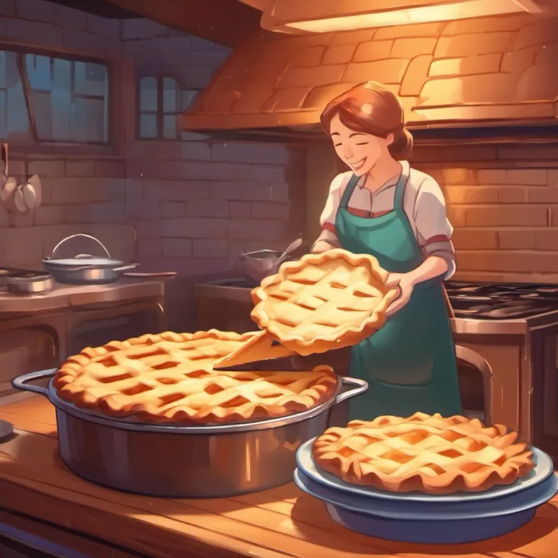 Pouring filling, making a wish, oven mitts placing pie in the oven.