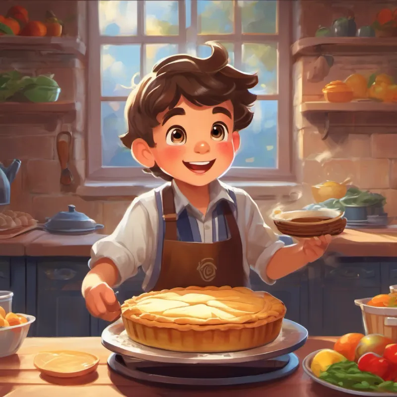 Pie is done, looks amazing, celebration with utensils, Young boy, bright eyes, wears large apron, eager to learn's success.