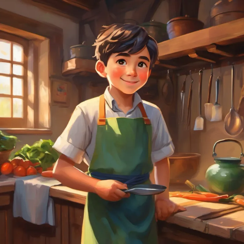 Young boy, bright eyes, wears large apron, eager to learn's newfound confidence, happy ending.