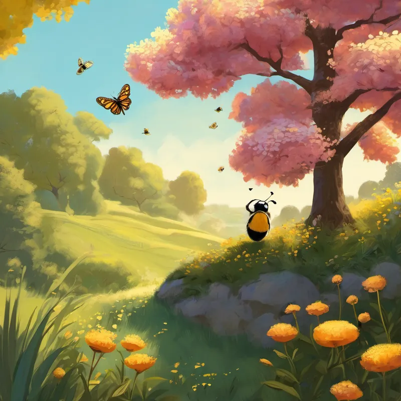 Un jour, alors que Lucas était assis près de l'arbre, une petite abeille se posa sur son épaule. Il regarda avec curiosité l'abeille qui butinait une fleur toute proche. Il se mit à observer ses mouvements gracieux et rythmés, réalisant qu'elle était totalement concentrée sur sa tâche. Lucas eut une idée. Il se leva et commença à imiter les mouvements de l'abeille. Il fit comme si son bras était une fleur et bougeait doucement, attirant l'attention de l'insecte. Petit à petit, il se rendit compte que quand il imitait l'abeille, il se sentait plus concentré sur sa propre respiration et ses pensées.