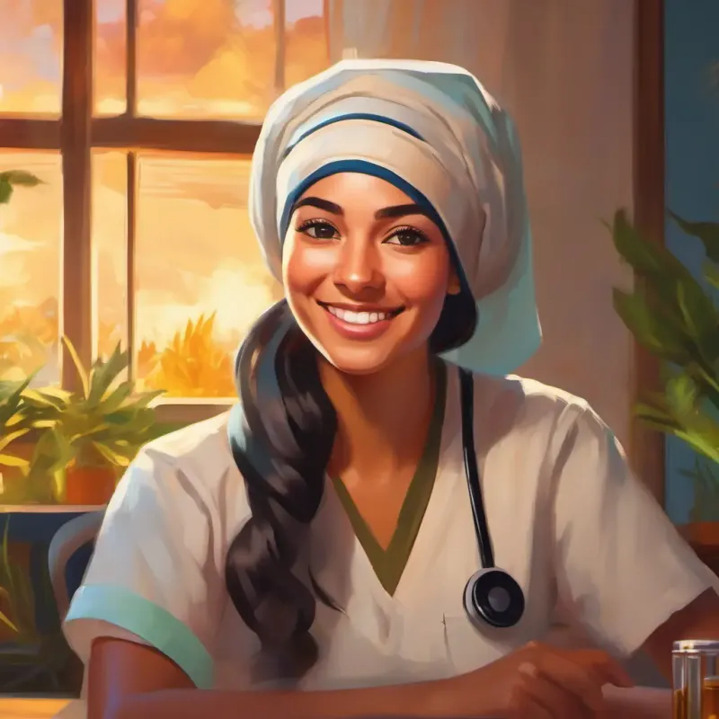Warm smile, bright eyes, ambitious spirit, wears a headscarf observes nurses at work, inspiring her dream of healing