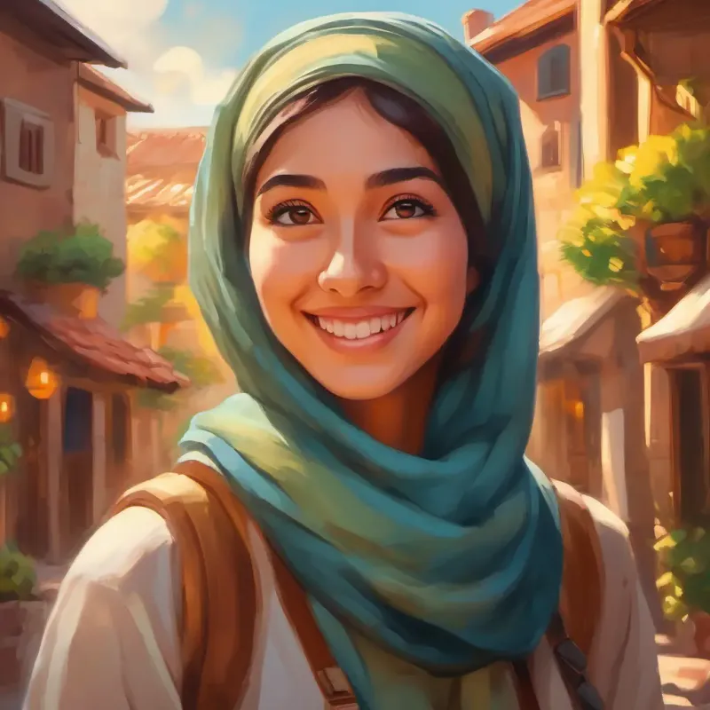 Warm smile, bright eyes, ambitious spirit, wears a headscarf achieves her dream, reflecting on her journey