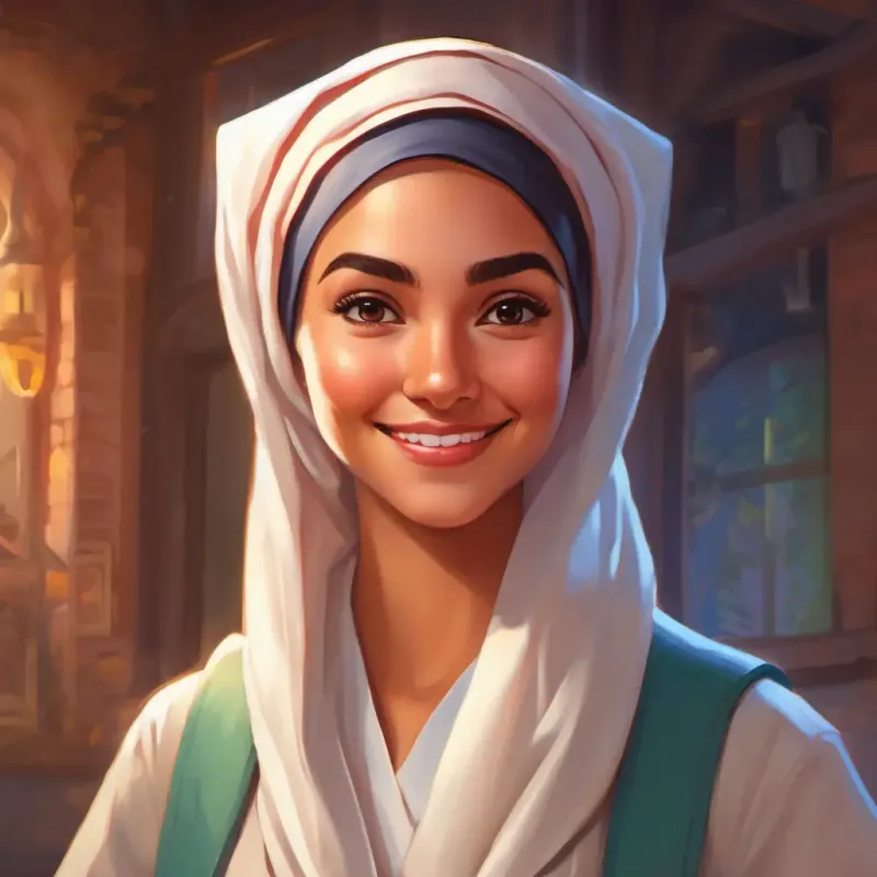 Warm smile, bright eyes, ambitious spirit, wears a headscarf shares her aspirations, showing determination to become a nurse