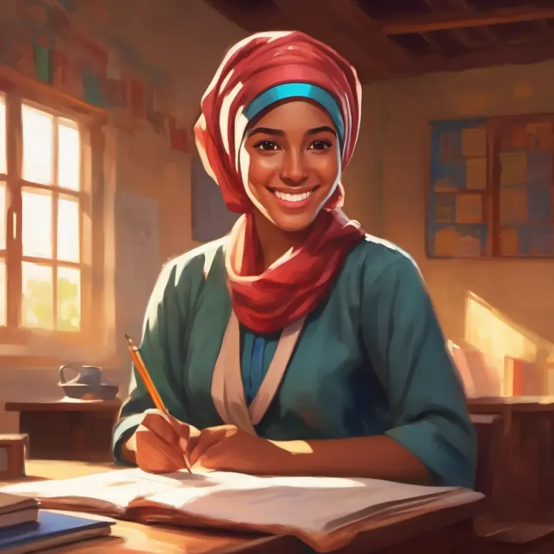 Warm smile, bright eyes, ambitious spirit, wears a headscarf studies at school, gaining knowledge about healthcare