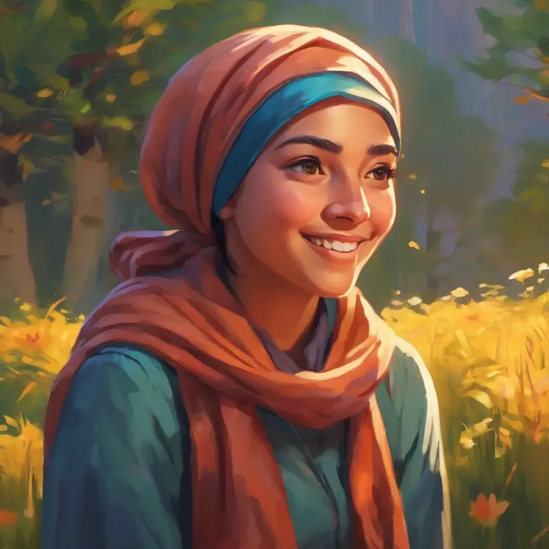 Warm smile, bright eyes, ambitious spirit, wears a headscarf helps an injured friend, demonstrating her caring nature