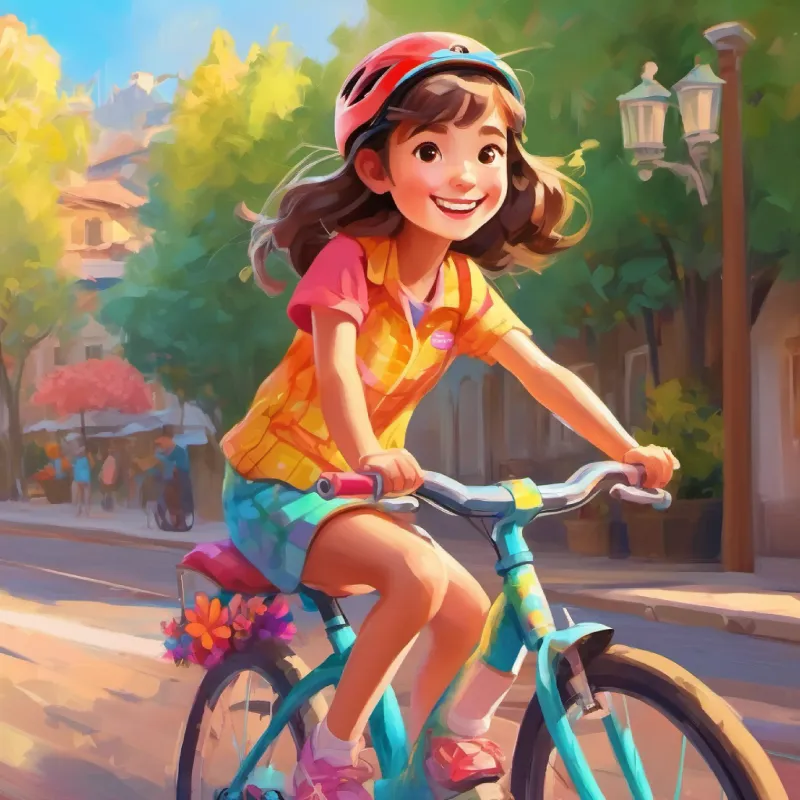 Girl with bright smile, kind eyes, wears colorful clothes prepares to ride a bike, her parents encourage her.