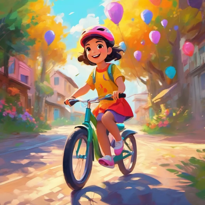 Girl with bright smile, kind eyes, wears colorful clothes starts to ride the bike, overcoming her fear.