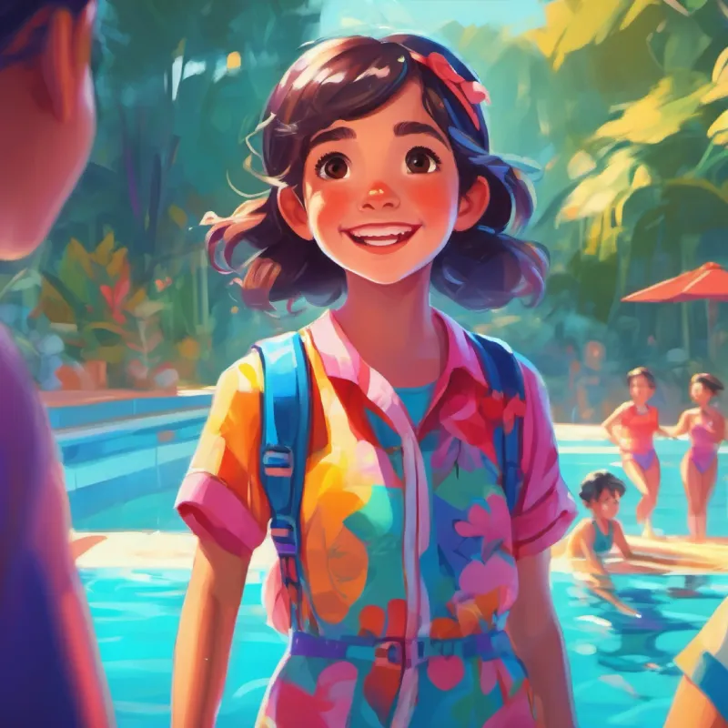 Girl with bright smile, kind eyes, wears colorful clothes is scared to swim in the pool with her friends watching.