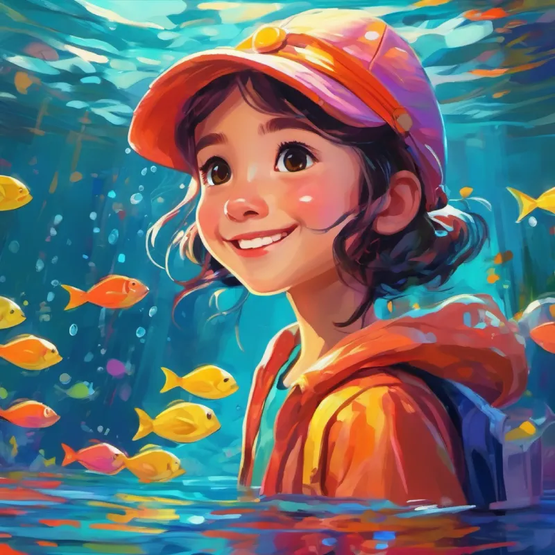 Girl with bright smile, kind eyes, wears colorful clothes starts swimming, facing her fear of deep water.