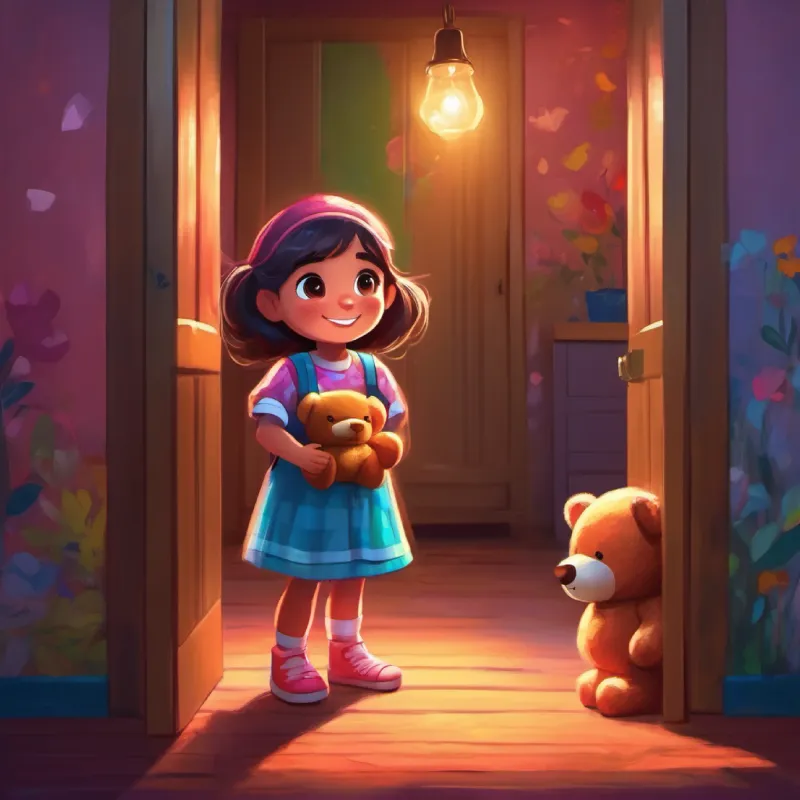 Girl with bright smile, kind eyes, wears colorful clothes is scared of the dark closet but wants to rescue her teddy bear.