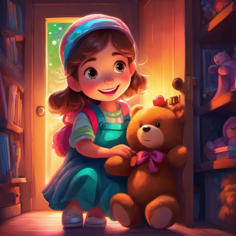 Girl with bright smile, kind eyes, wears colorful clothes uses her flashlight in the dark closet and finds her teddy bear.