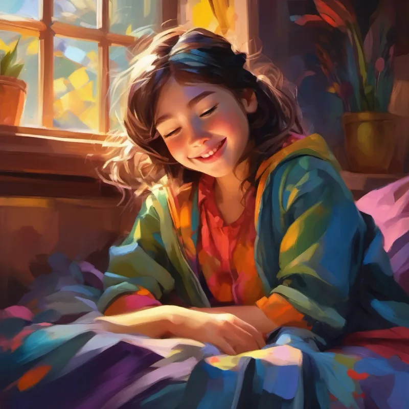 Girl with bright smile, kind eyes, wears colorful clothes falls asleep feeling brave and no longer scared of the dark.
