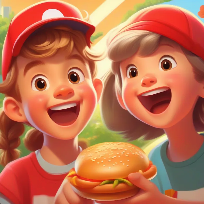 Excited and energetic, Tommy always wears his favorite red cap. and Kind and sincere, Sophie adorns her hair with a pretty flower clip., two best friends - fast food vs. homemade food