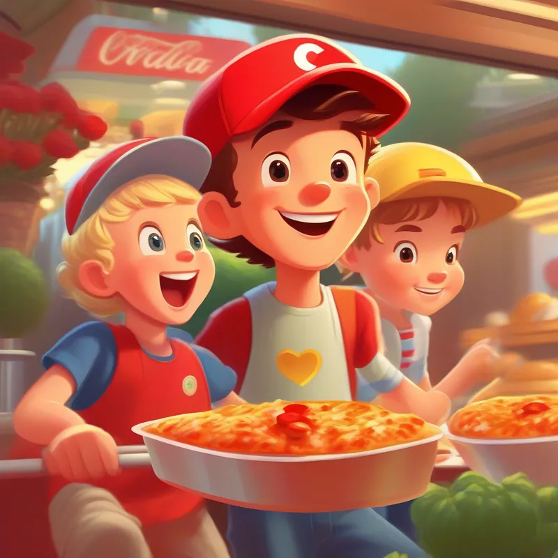 Excited and energetic, Tommy always wears his favorite red cap. enjoying fast food and Kind and sincere, Sophie adorns her hair with a pretty flower clip. enjoying homemade lasagna