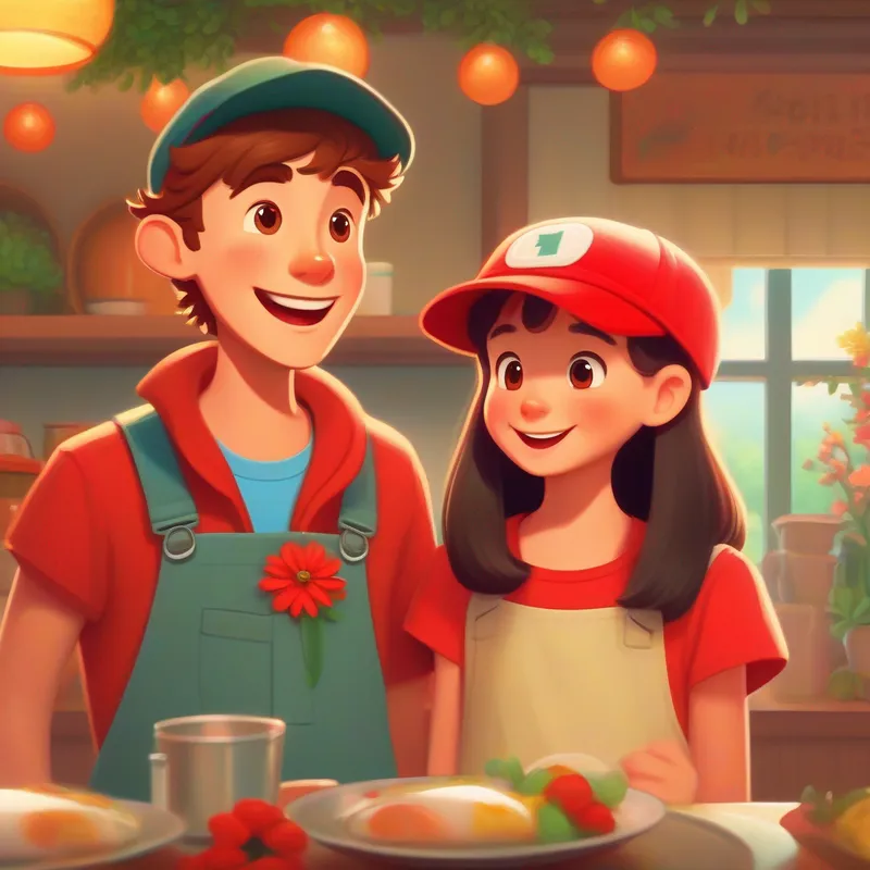 Excited and energetic, Tommy always wears his favorite red cap. and Kind and sincere, Sophie adorns her hair with a pretty flower clip. bonding over shared meals