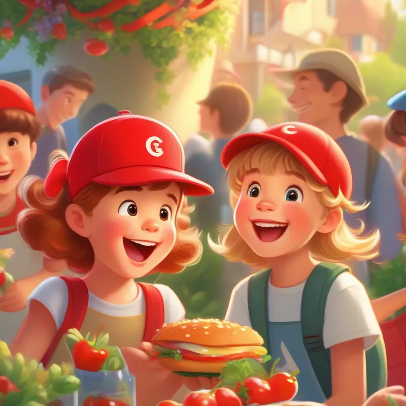 Excited and energetic, Tommy always wears his favorite red cap. and Kind and sincere, Sophie adorns her hair with a pretty flower clip. enjoying a variety of food with friends