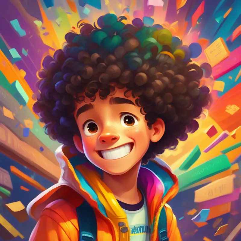 A young boy with curly hair and a big smile, wearing a colorful adventure outfit feeling frustrated with jumbled words, colorful and adventurous background