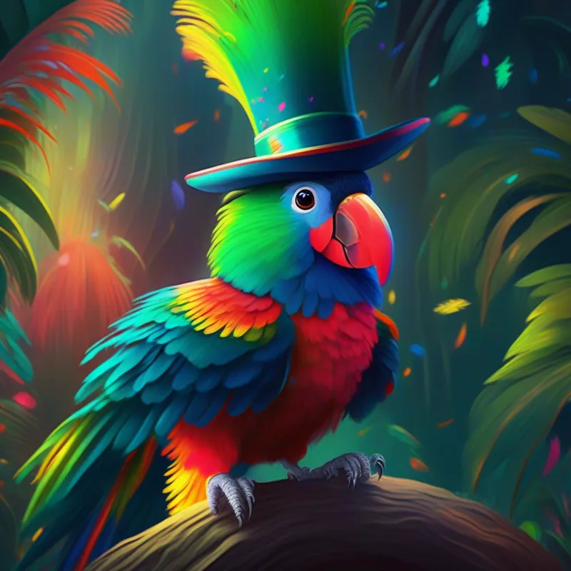 Meeting A talkative parrot with vibrant feathers and a sparkling top hat the talking parrot in a magical forest