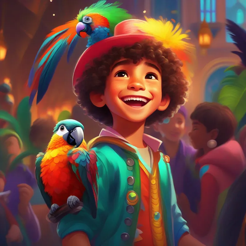 A young boy with curly hair and a big smile, wearing a colorful adventure outfit practicing speaking clearly with A talkative parrot with vibrant feathers and a sparkling top hat's help