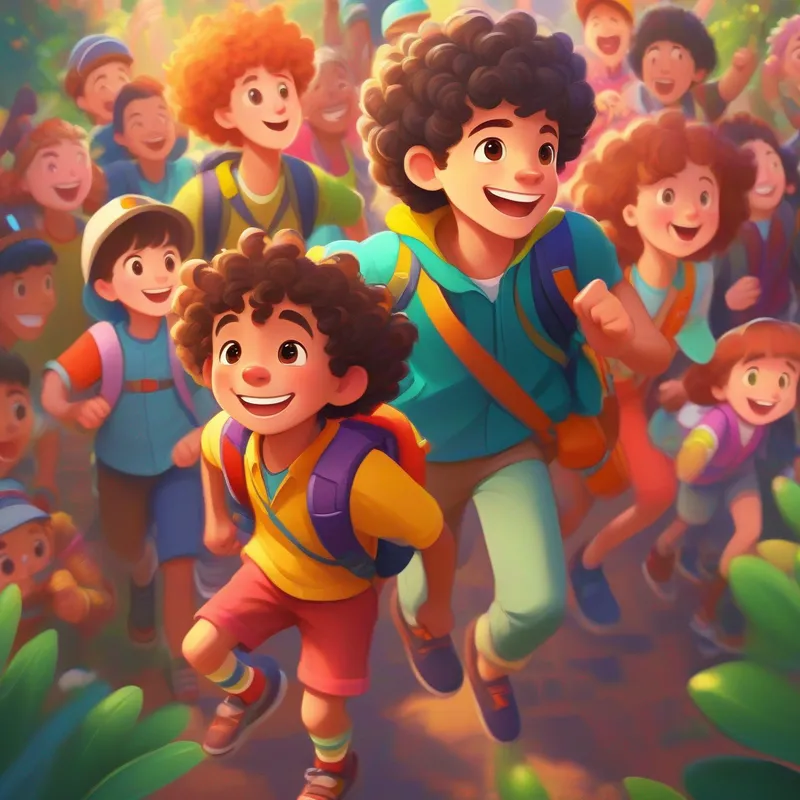 A young boy with curly hair and a big smile, wearing a colorful adventure outfit and friends facing challenges and supporting each other