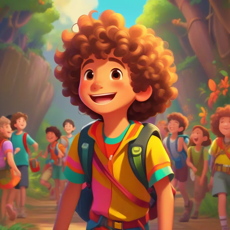 A young boy with curly hair and a big smile, wearing a colorful adventure outfit feeling proud with his friends after finding treasure