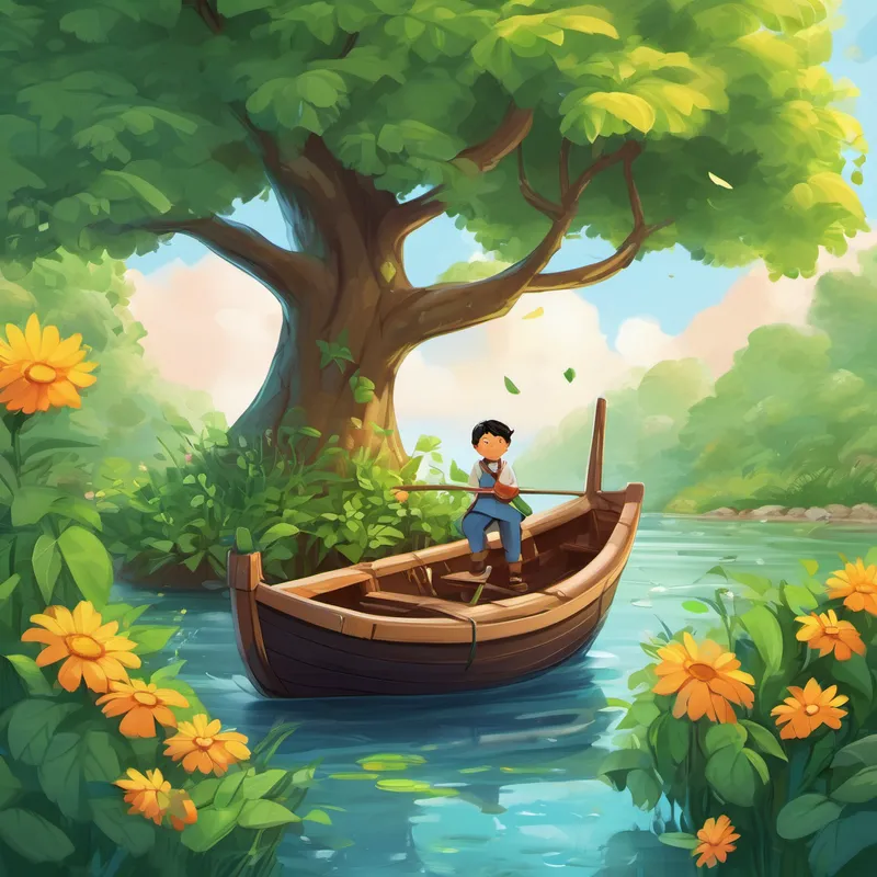 Dibbly Doo spotted a huge tree nearby. He gathered some large leaves and fastened them together with a vine to create a small boat. Holding his breath, he climbed aboard his leaf boat and sailed across the river, feeling proud of his problem-solving skills. Finally, Dibbly Doo reached the other side, where the beautiful meadow awaited him. He danced with joy, smelling the sweet fragrance of the flowers. Dibbly Doo was so happy that he had solved the problem by using his new knowledge of opposites!