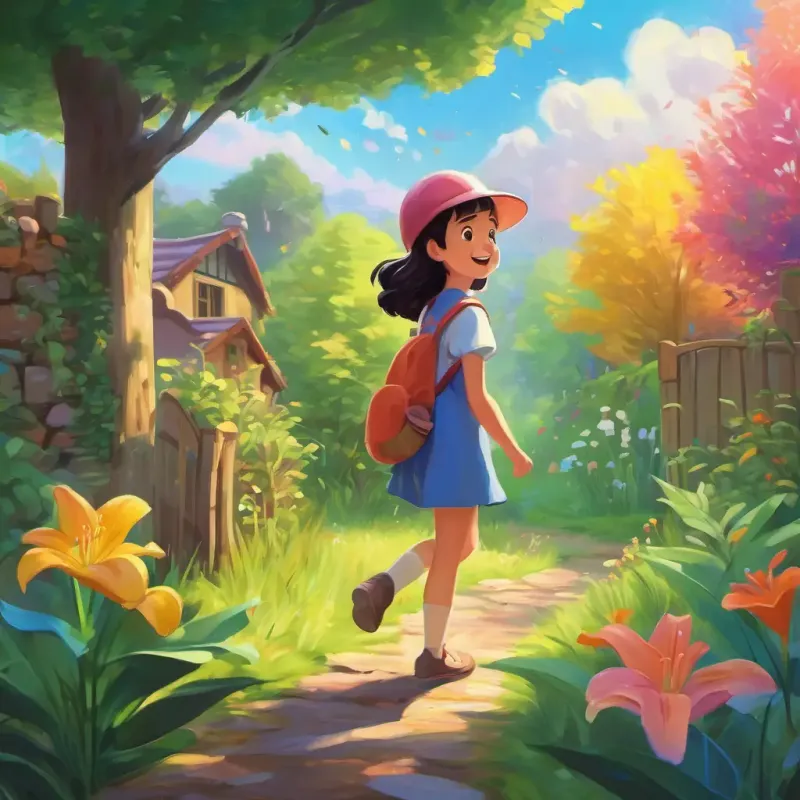 Lily sees a rainbow in her backyard and gets excited to go on an adventure.