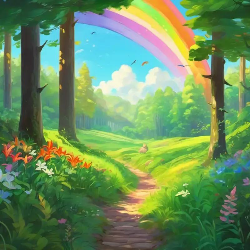 Lily follows the rainbow into the forest, where everything looks fresh and green.