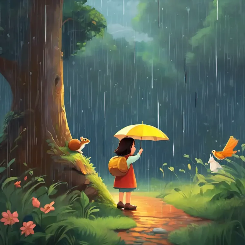 Lily finds a squirrel, a rabbit, and a bird seeking shelter from the rain. She decides to help them.