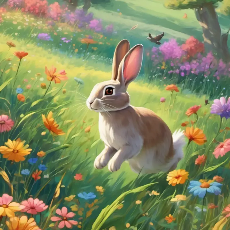 rabbit skipping through a meadow with tall, swaying grass, surrounded by chirping birds and colorful flowers