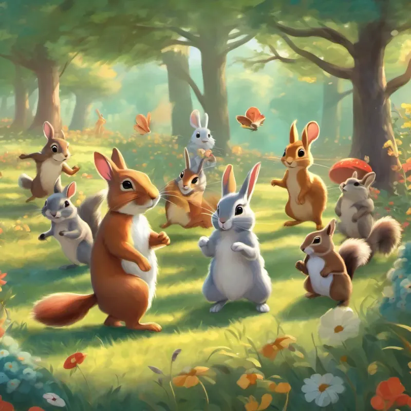 animals including rabbit and squirrel dancing together in the meadow while other animals join them cheerfully