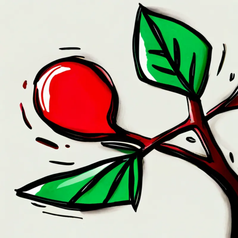 Red Red and shiny with a green leaf. on a green tree branch