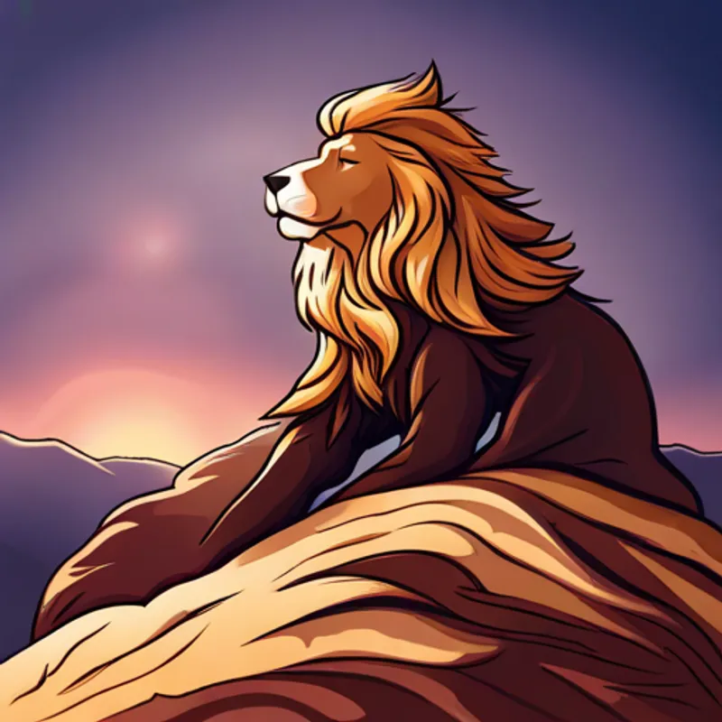 Golden Golden with a majestic mane and powerful body. resting on a rock
