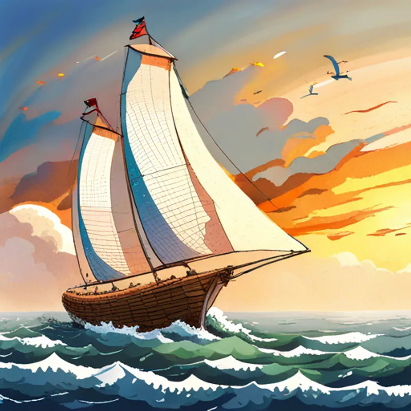 White White with large sails and sailor's flags. with billowing sails