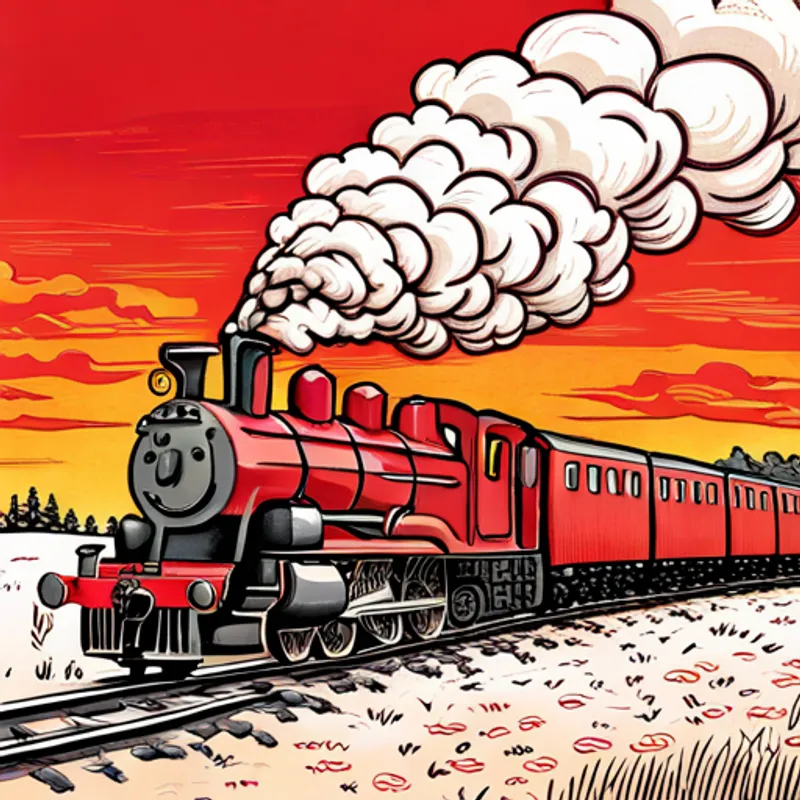 Red Red with a chugging engine and long cars. steaming through the countryside