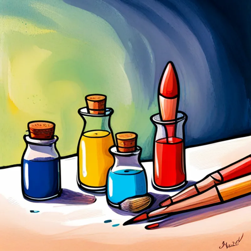 Colorful ink bottles and paintbrushes