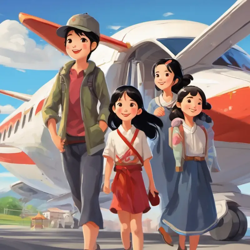 Feng-Li: A young Chinese girl with black hair and bright eyes and her family are happily boarding an airplane in China