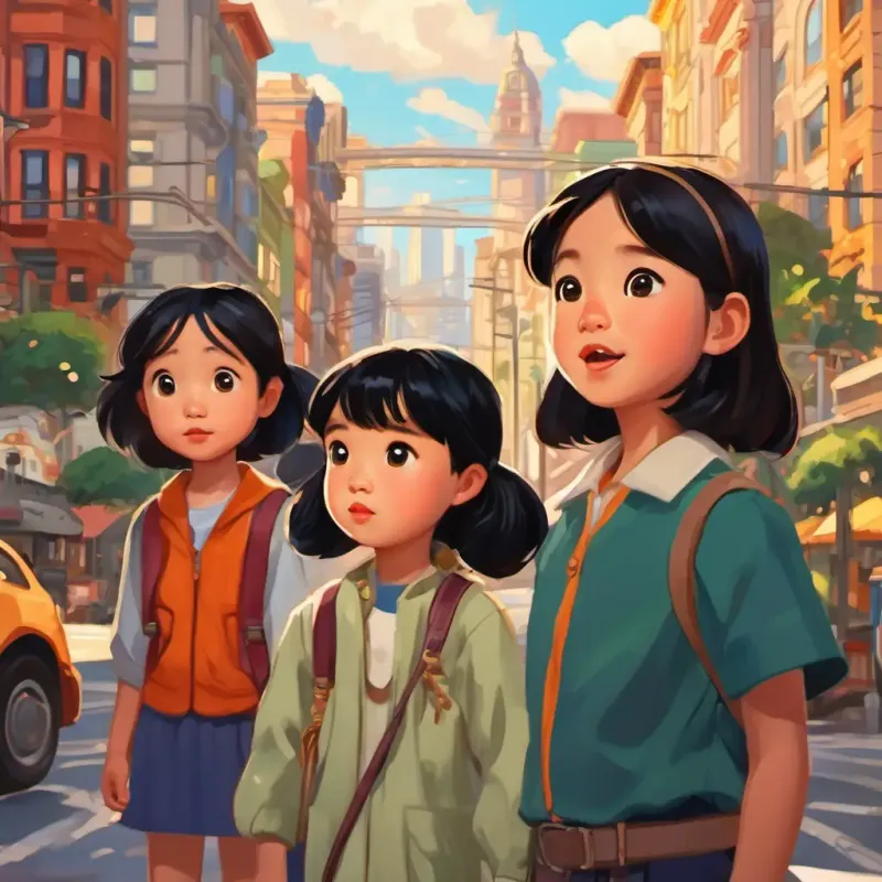 Feng-Li: A young Chinese girl with black hair and bright eyes and her siblings are amazed by the big city of San Francisco