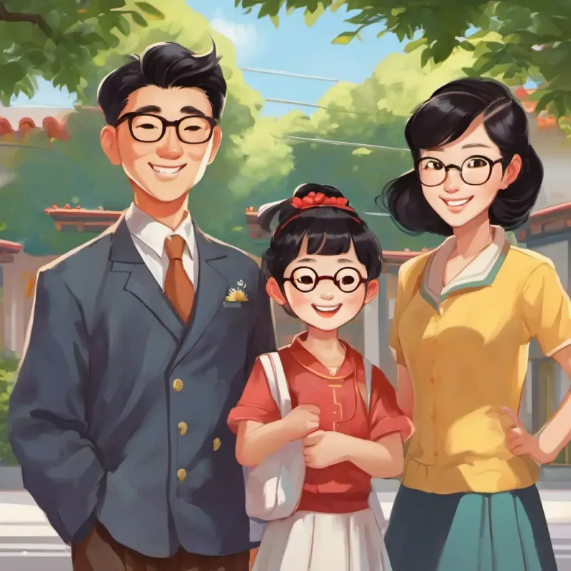 Feng-Li: A young Chinese girl with black hair and bright eyes, her Feng-Li: A young Chinese girl with black hair and bright eyes's Older Siblings: Two older brothers with brown hair and glasses, Aunt Mei: A kind Chinese woman with short curly hair, and Uncle Lee: A friendly Chinese man with a big smile standing outside a school in California