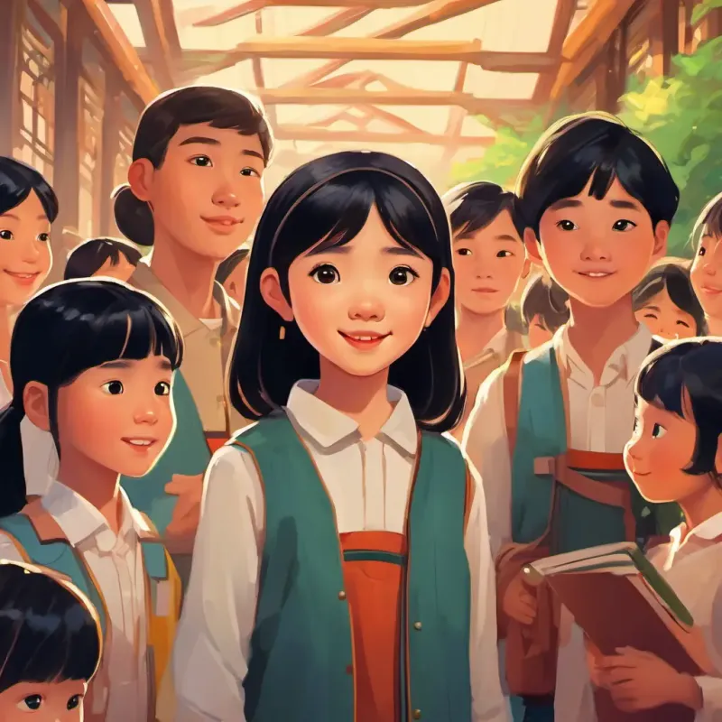 Feng-Li: A young Chinese girl with black hair and bright eyes and her siblings meeting diverse students in their new school