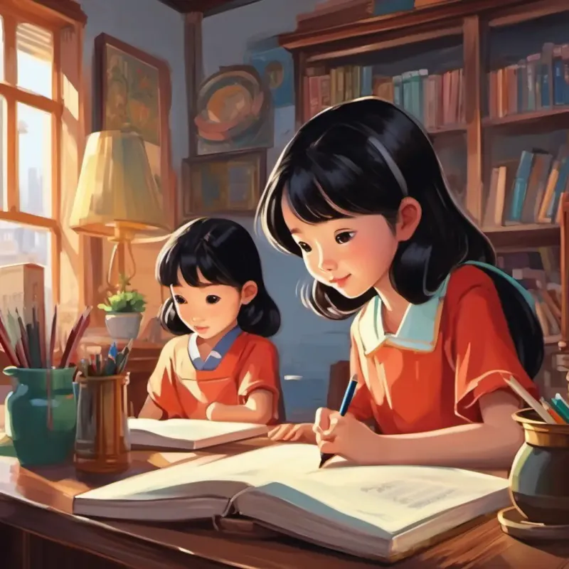 Feng-Li: A young Chinese girl with black hair and bright eyes and her siblings studying and practicing English at home